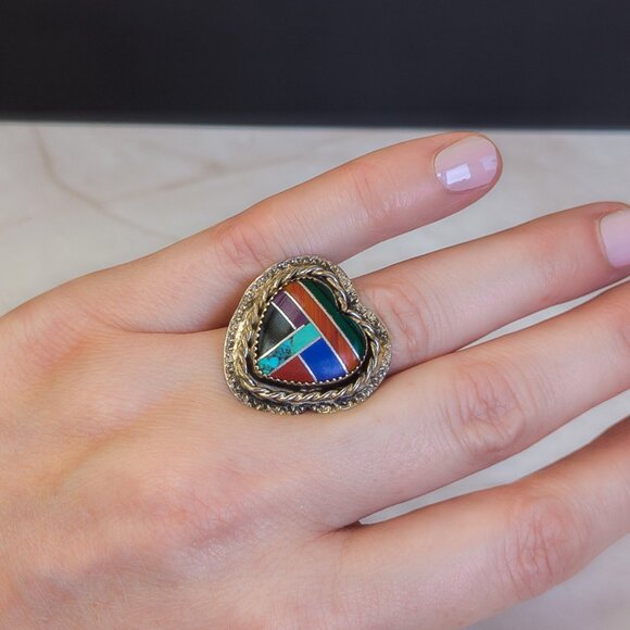 Sterling Silver Heart Inlay Ring with Turquoise, Lapis, Malachite – Size 7.75 - Picture 2 of 4